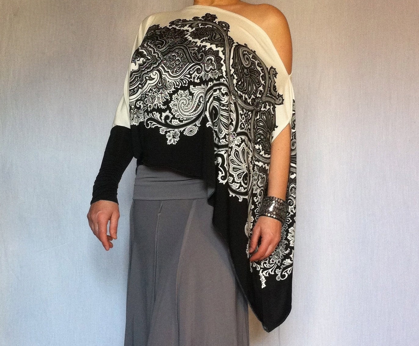 Wide Asymmetric One Sleeve Printed Polyester Top