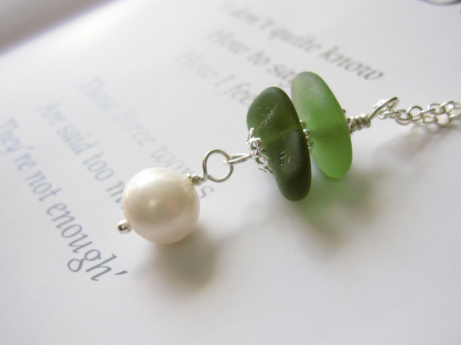 Sea glass stacker pendant light & dark Green with Fresh Water pearl - Mermaid jewelry beach Wedding