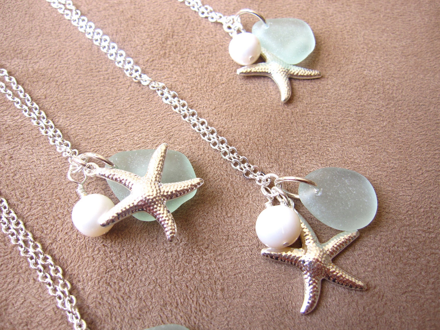 Bridesmaids neckalaces in Beach Wedding - Seaglass Starfish Neckalce with swarovski pearl - FREE SHIPPING - SeaglassGallery