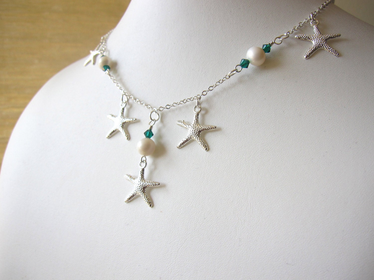 Starfish Neckace with swarovski pearls & teal swarovski crystals - Bridal Necklace for beach Wedding