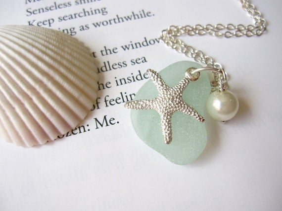 Seafoam Seaglass Pendant with fresh water pearl pearl & Starfish - Nautical gift for sisters, girlfriends or beach lovers - FREE SHIPPING