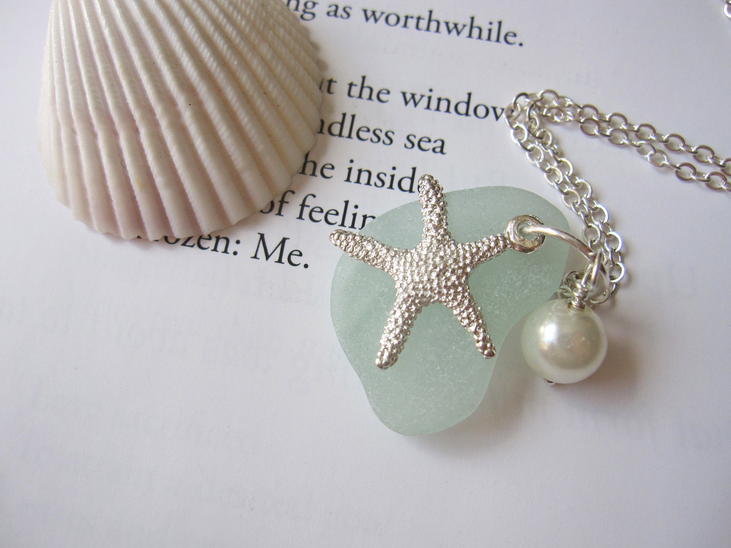 Seafoam Seaglass Pendant with fresh water pearl pearl & Starfish - Nautical gift for sisters, girlfriends or beach lovers - FREE SHIPPING