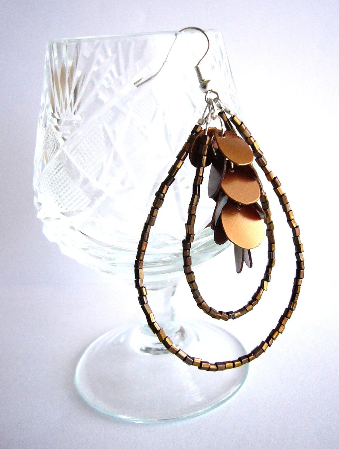 Recycled plastic bottle chandelier earrings boho style - upcycled jewelry, eco friendly, sustainable - Between gold and copper