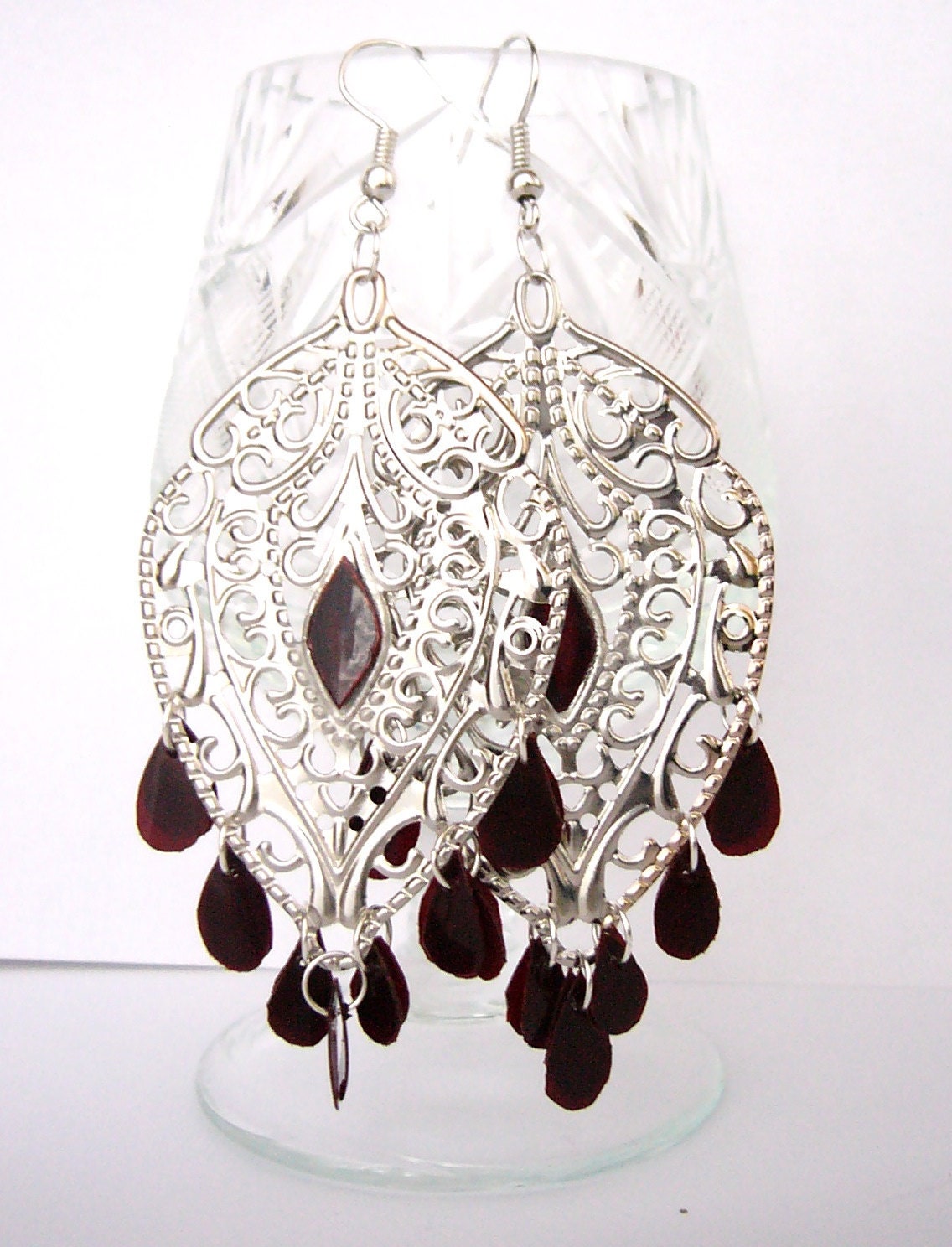 Upcycled jewelry chandelier gypsy earrings made of recycled plastic - boho, gothic, eco friendly, red & silver