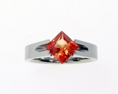 Unique Engagement Ring - Titanium Tension-Set - Groove design with Satin Finish and Princess-cut Padparascha Sapphire