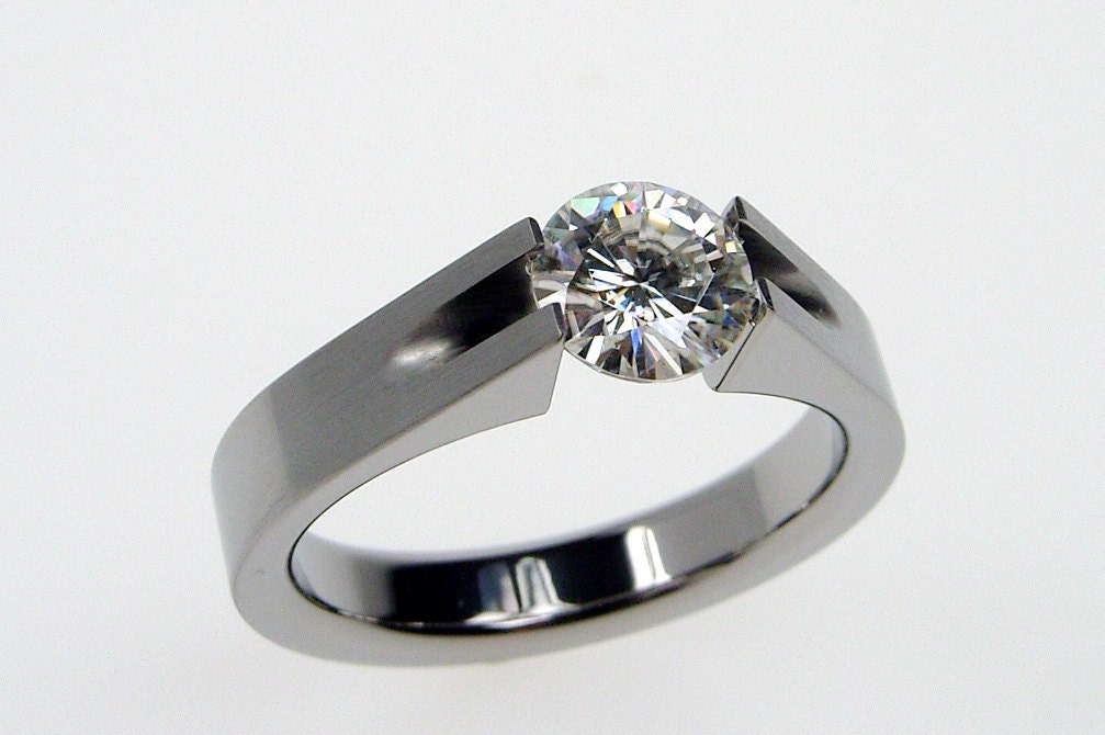Moissanite and Titanium Tension-Set Engagement Ring -- Groove design with Satin Finish and .35 ct Moissanite