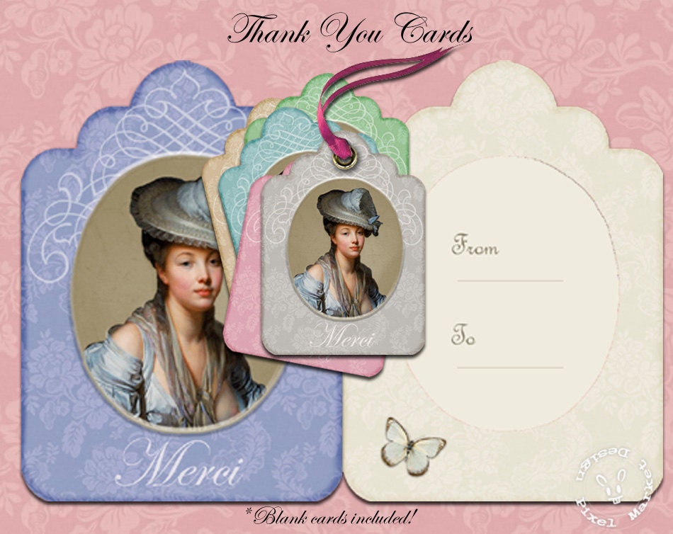 Blank &Thank You Gift TAGS LABELS DIGITAL Scrapbooking Collage Sheet Pdf Printable Hang Tag French Merci Gift Tag Retro t02