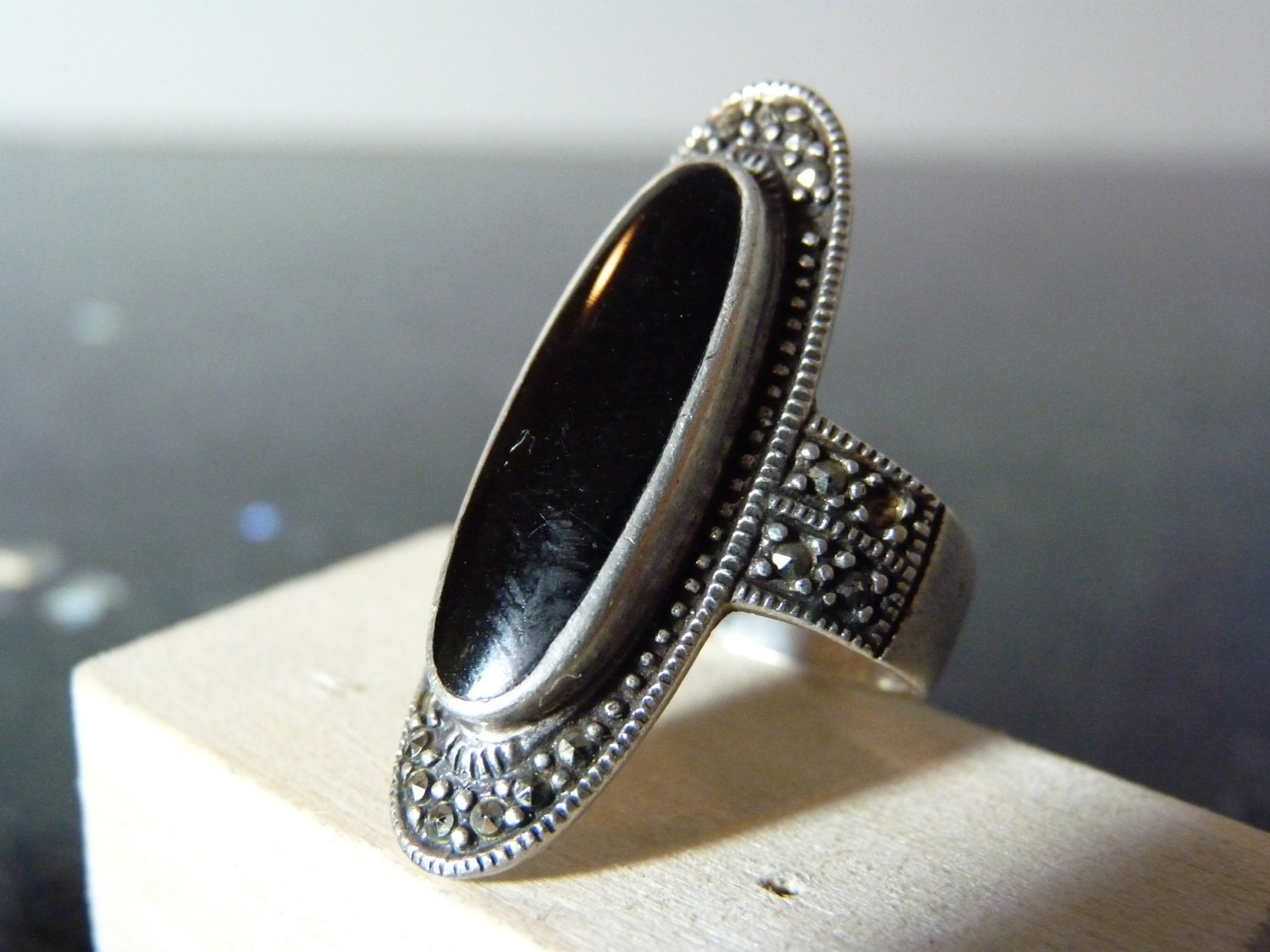 HOLIDAY SALE Vintage Silver Modern Style Ring with Large Oval Onyx and Marcasie