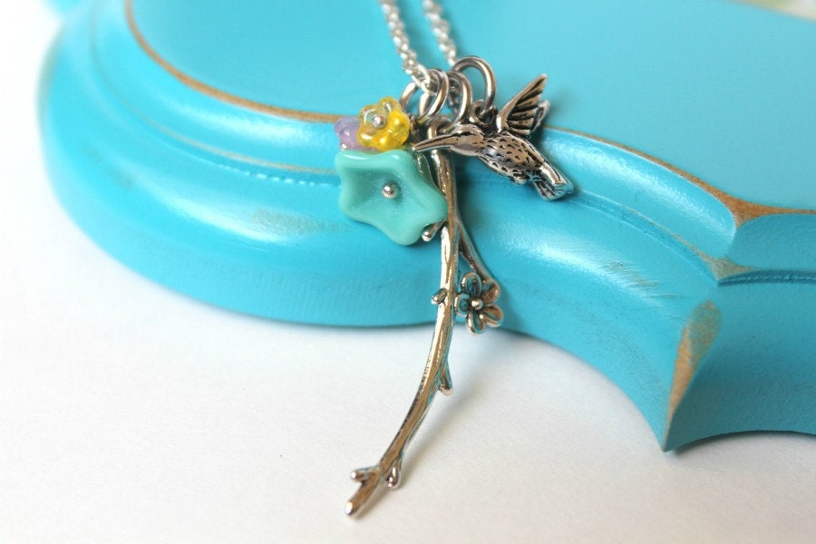 Cherry blossom branch and bird necklace