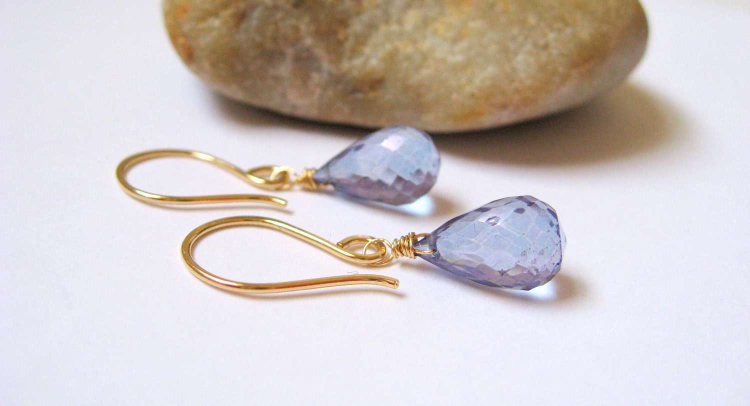 Blue Tanzanite Quartz Briolette Earrings, 14K Gold Filled, Faceted Gemstone