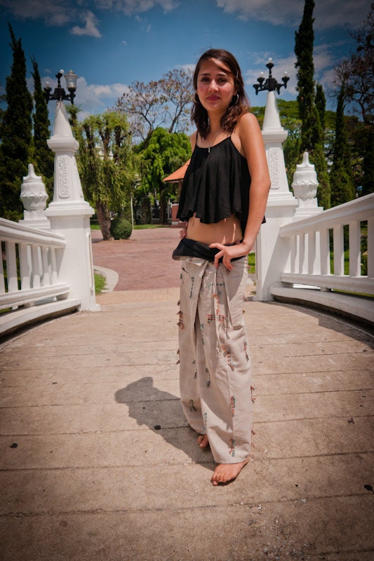 Thai Fisherman Pants, Cotton, Off-White with Colored Fringe Details UNISEX(S-XL) one size fits all