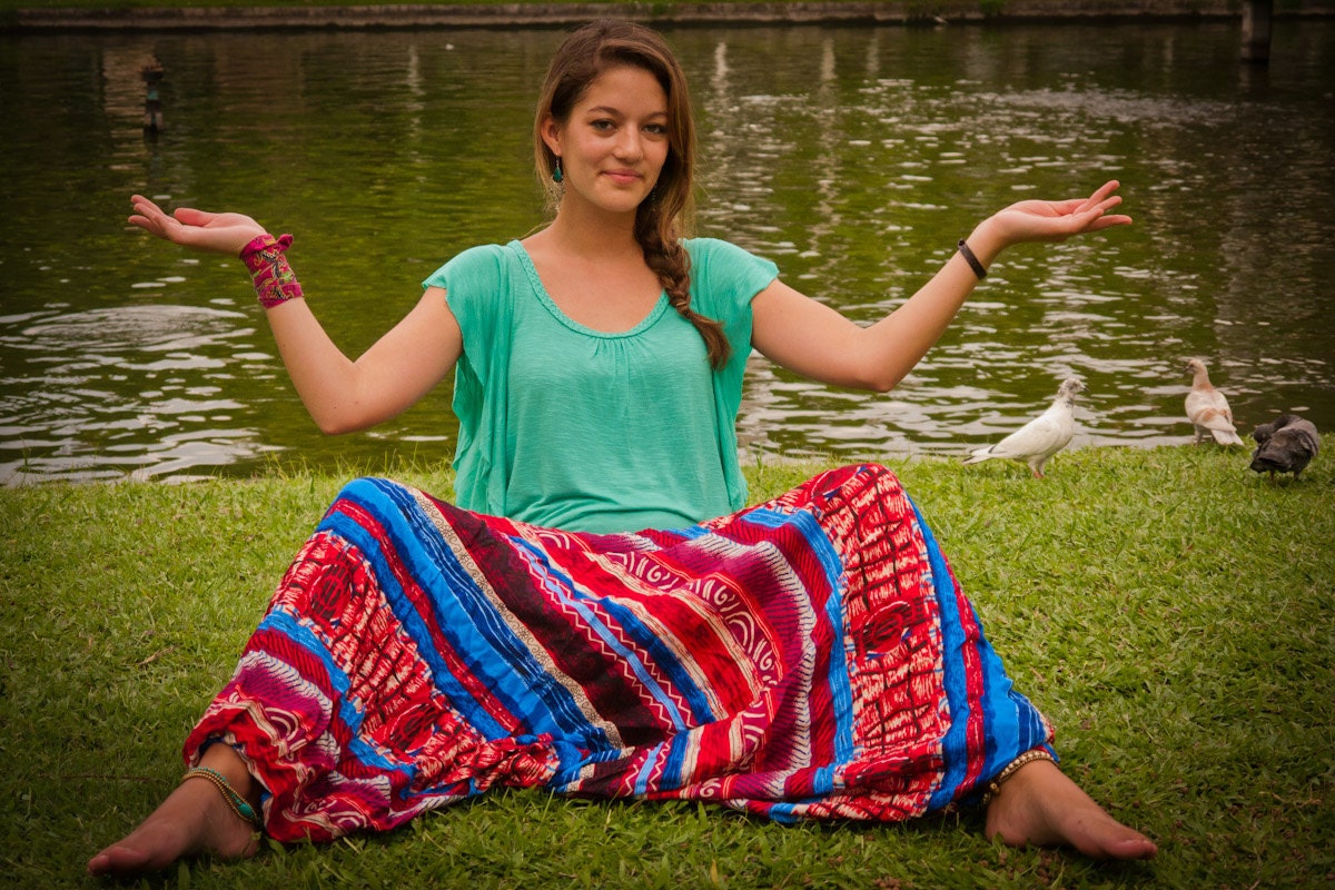 Harem Pants in Cotton, Multicolor Pattern Blue and Red Stripes