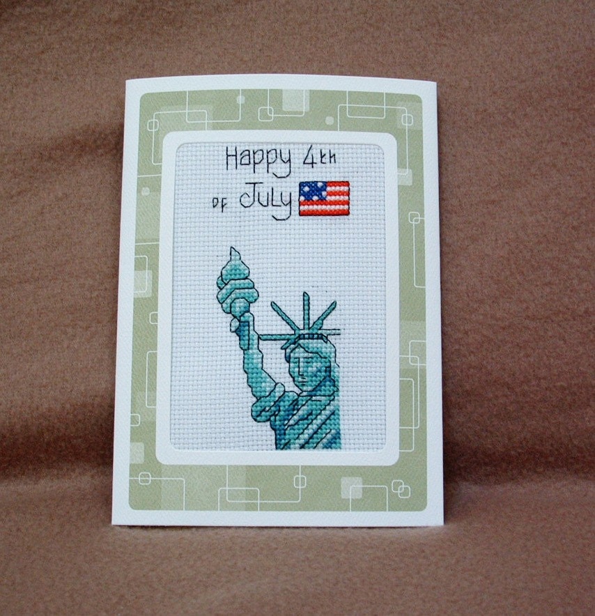 Happy 4th of July, Independence Day, Statue of Liberty Handmade Completed Counted Cross Stitch Greeting Card