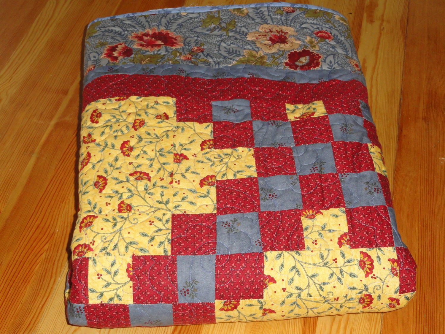 French Country Influence Triple Irish Chain Queen Size Quilt in Blues, Reds and Yellow