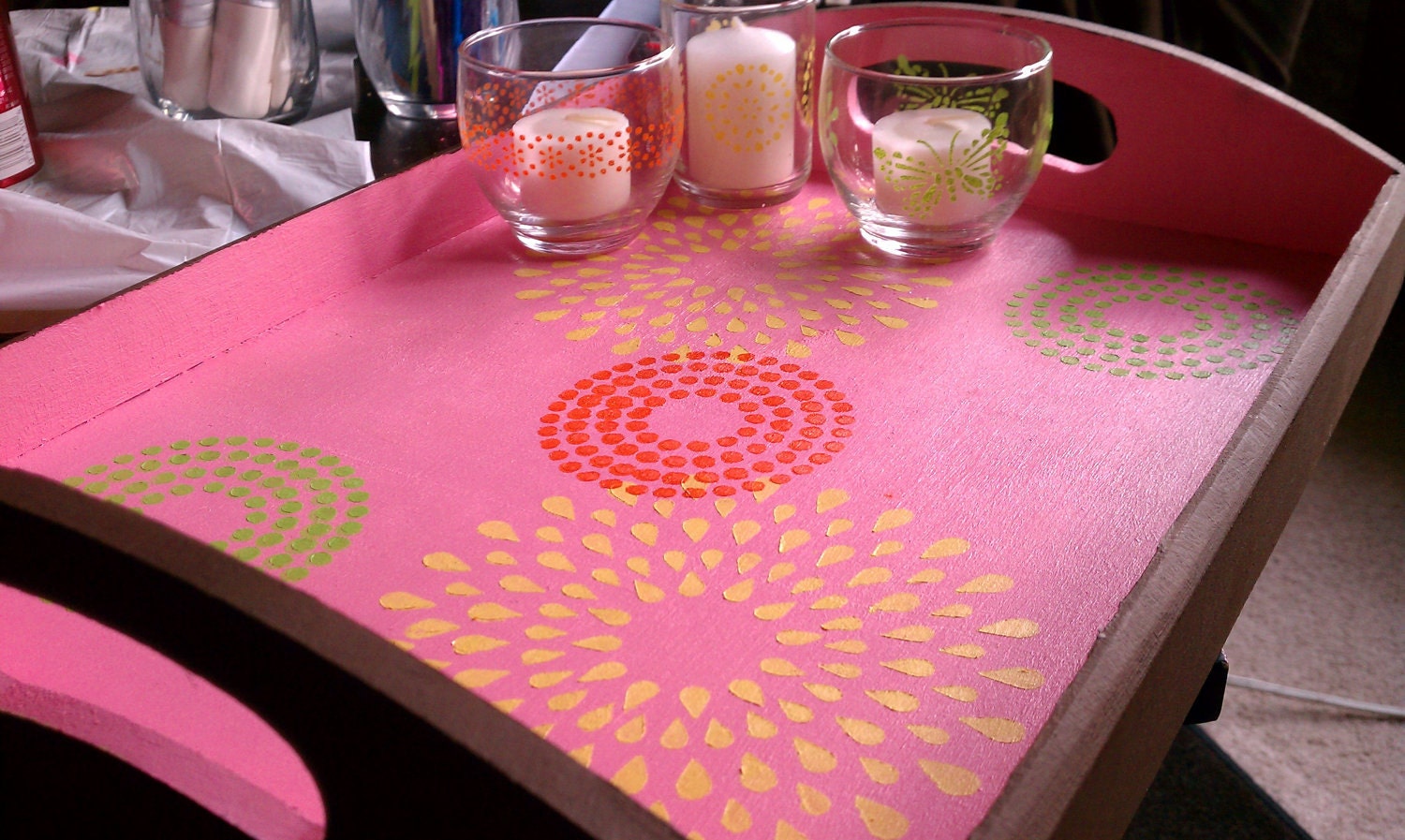 Wood Tray Hand Painted with three hand painted tea light candle holders and candles