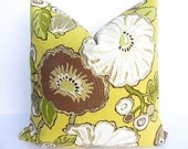 Floral P Kaufmann-BOTH SIDES-20X20 Pillow Cover-Indoor-Outdoor-Designer Home Decor Fabric-Throw Pillow-Accent Pillow-Chartreuse-Brown