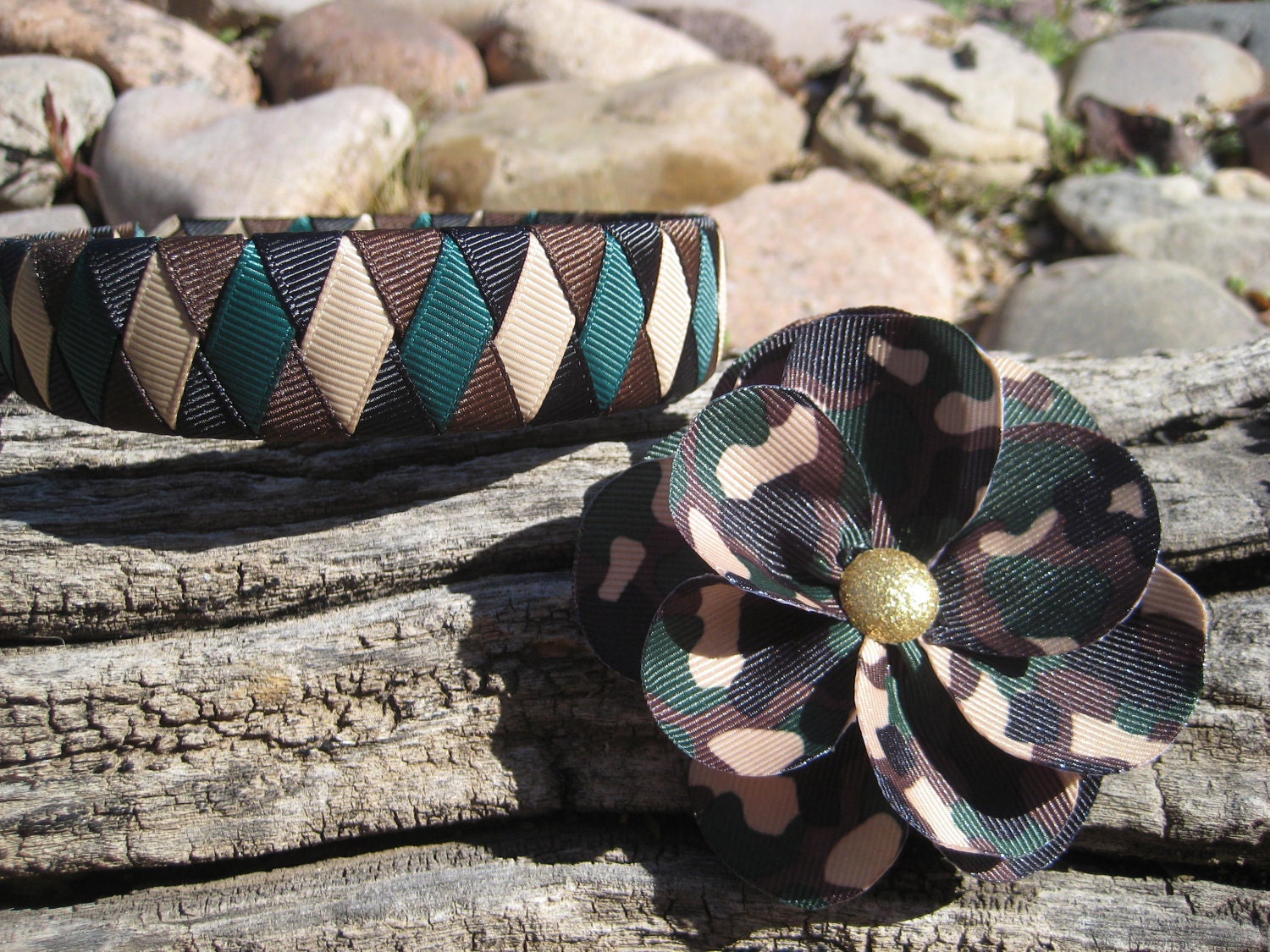 Camoflauge Headband - Camoflauge Flower Hair Clip - Camo Headband - Camo Flower Clip - Army Hair Bow - Brown Headband - Brown Hair Clip