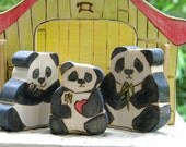 Panda Family With Wood House, Natural Wood Toy Play Set