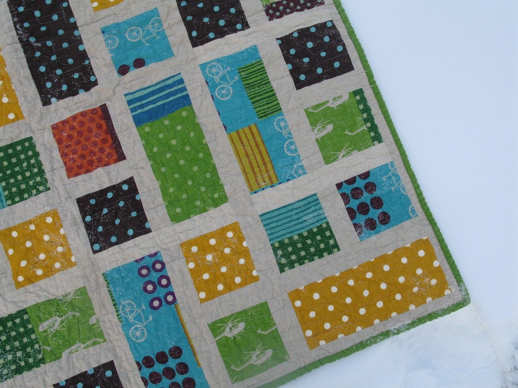 Modern Echino Quilt 41x50" "City Block" with bikes, busses, and helicopters