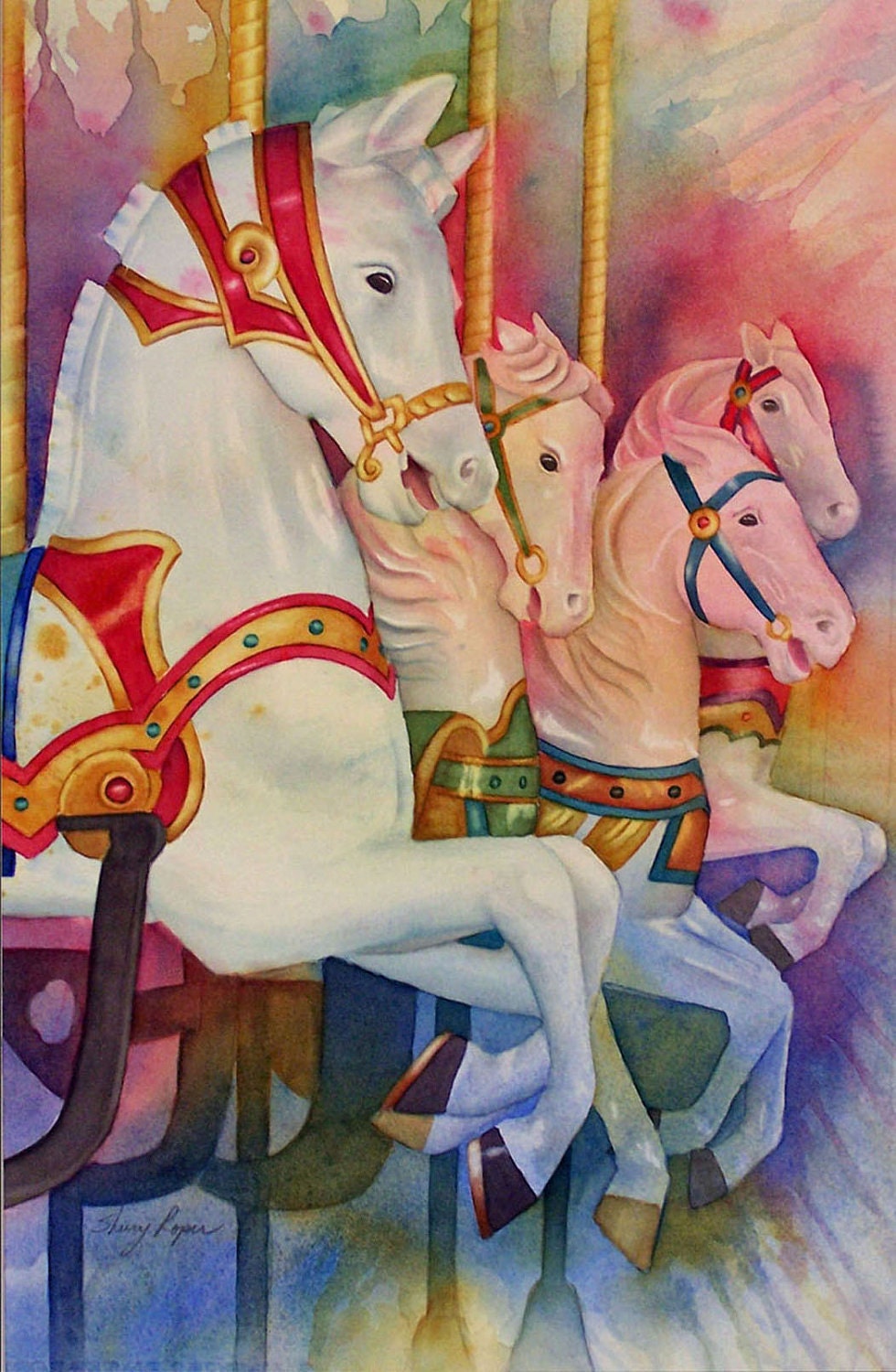 Colorful Watercolor Painting of Carousel Horses by sherryroper