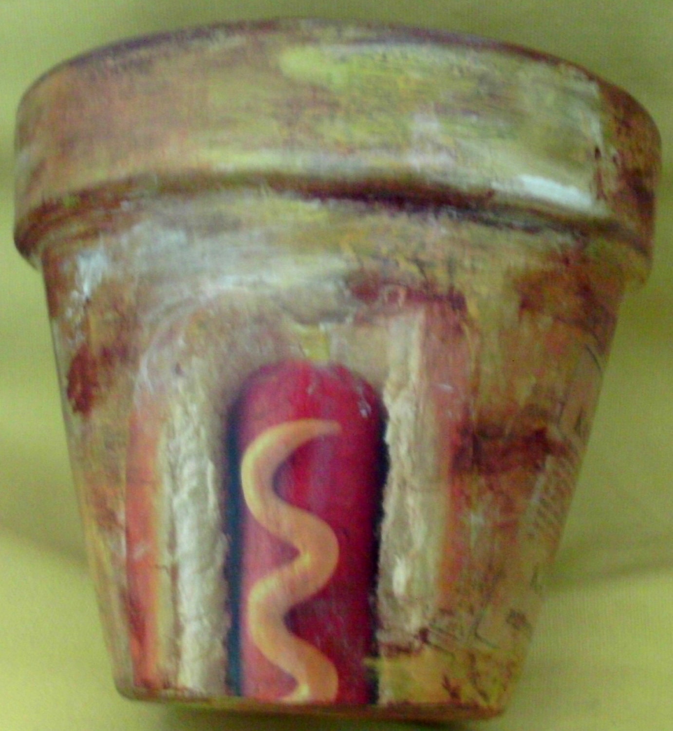 Flower Pot Unique Hand painted Collage Clay Pot - HOTDOG