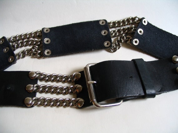 Black Leather Belt with Silver Chain Rock and by bootsiesvintage