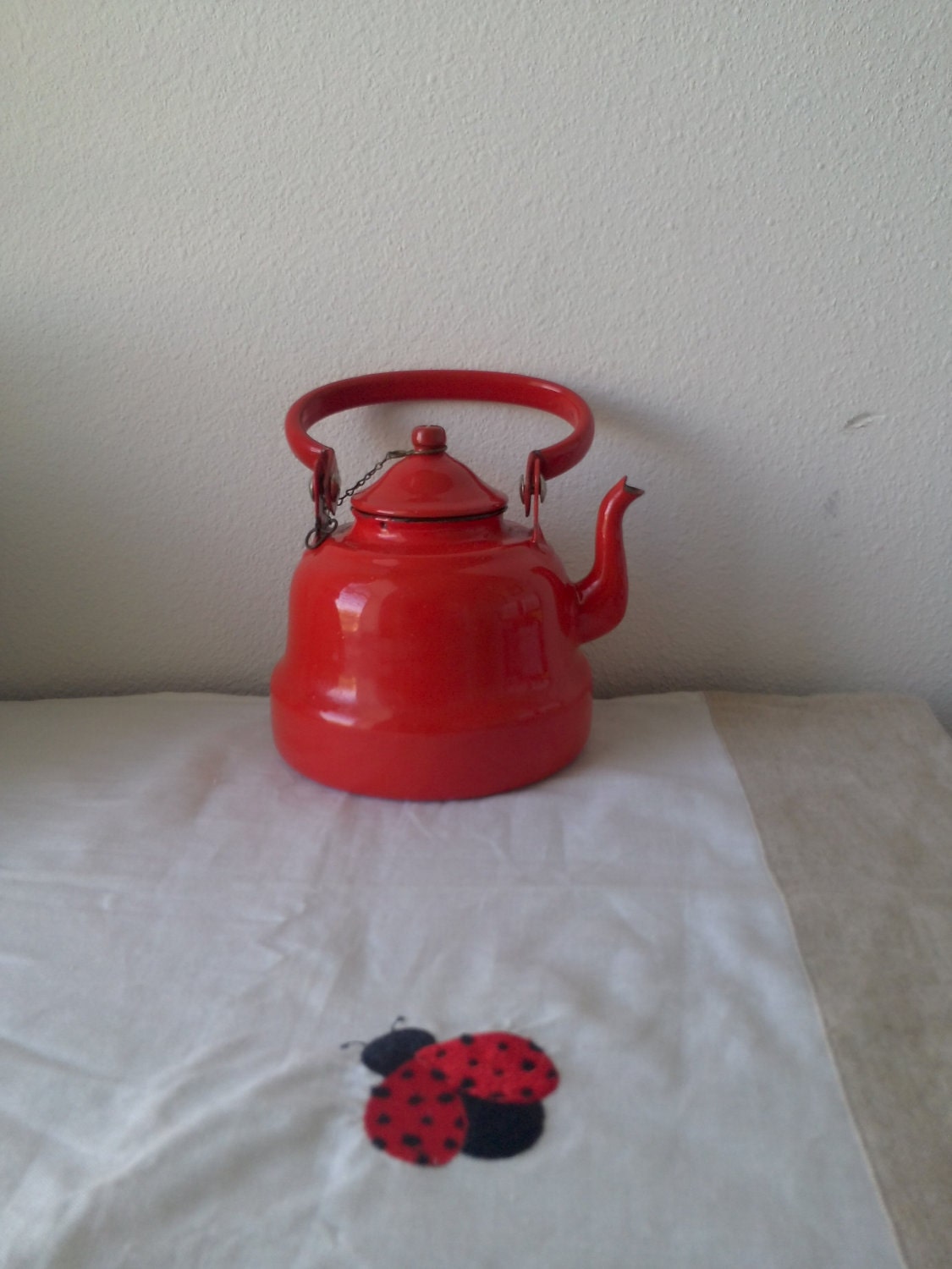 Red enamel tea kettle