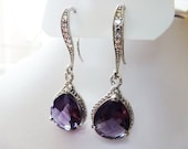 Amethyst Earrings - Purple silver Earrings Teardrop Glass - Bridesmaids gifts Earrings - Wedding earrings - Cubic Zirconia Ear wires