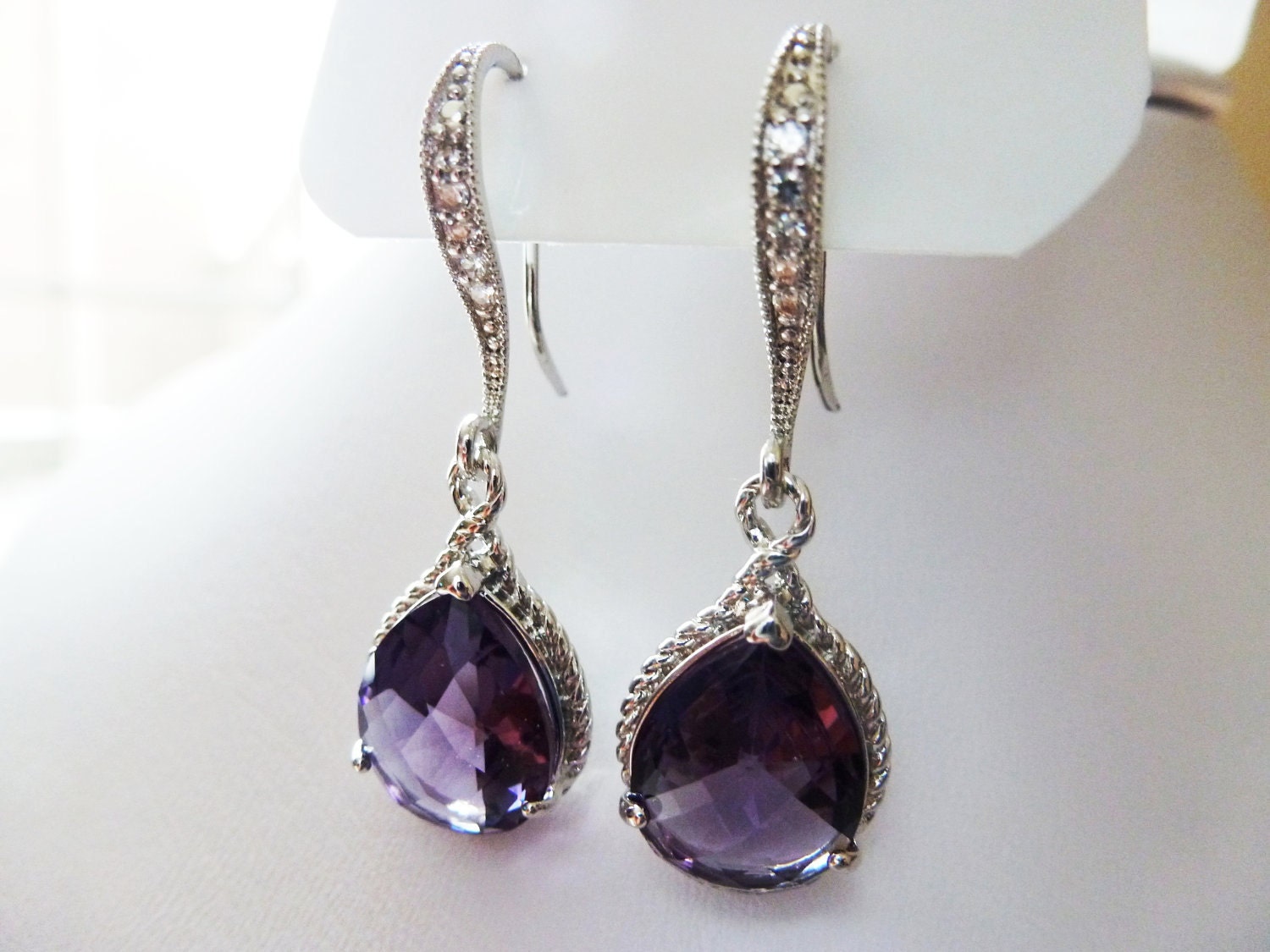 Amethyst Earrings - Purple silver Earrings Teardrop Glass - Bridesmaids gifts Earrings - Wedding earrings - Cubic Zirconia Ear wires