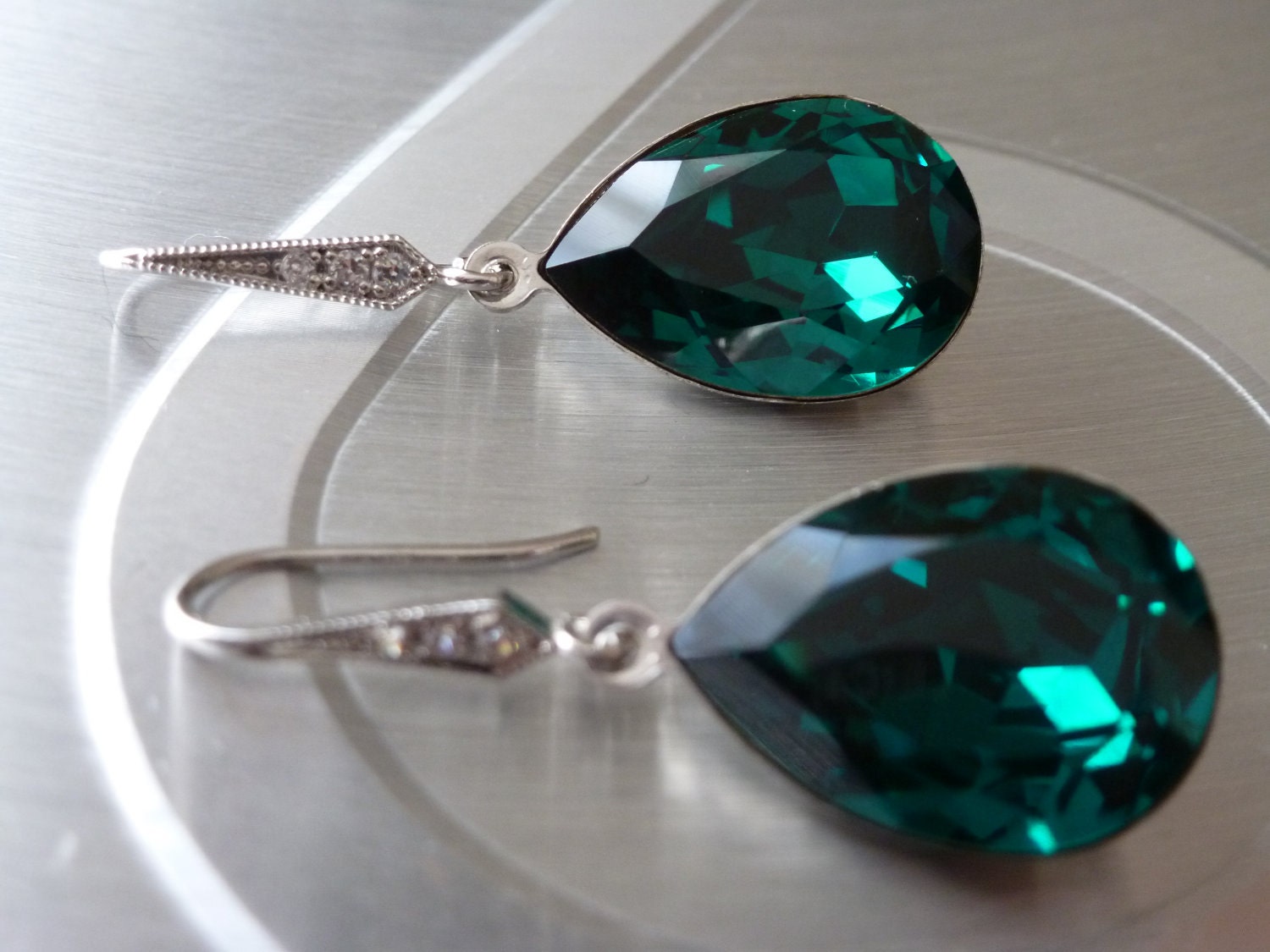 Emerald Earrings - Crystal Green Emerald Earrings - Crystal Swarovski Cabochon - Ear wires Zirconia