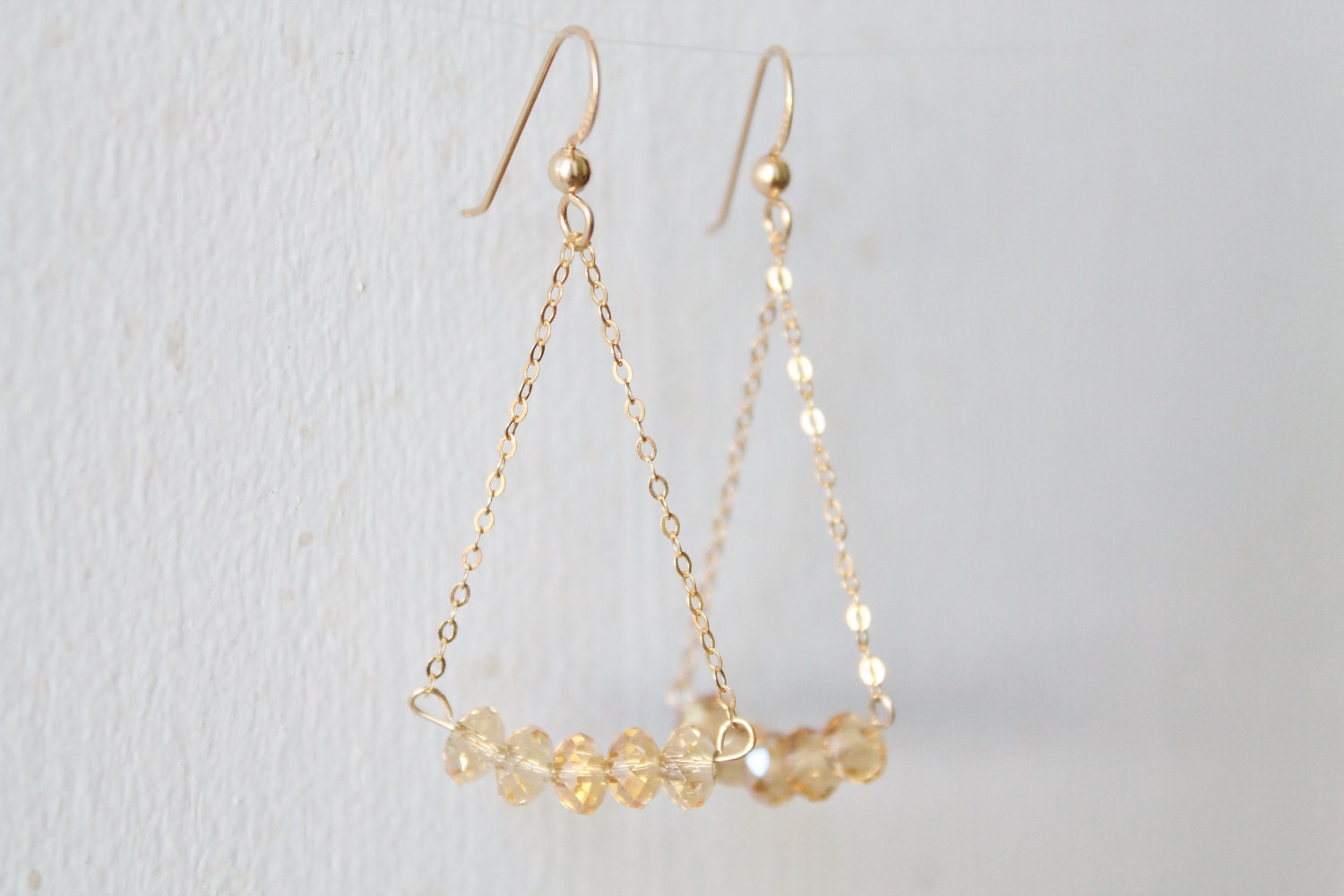 Golden - triangle earrings - delicate gold chain and yellow beads - sparkly modern geometric jewelry