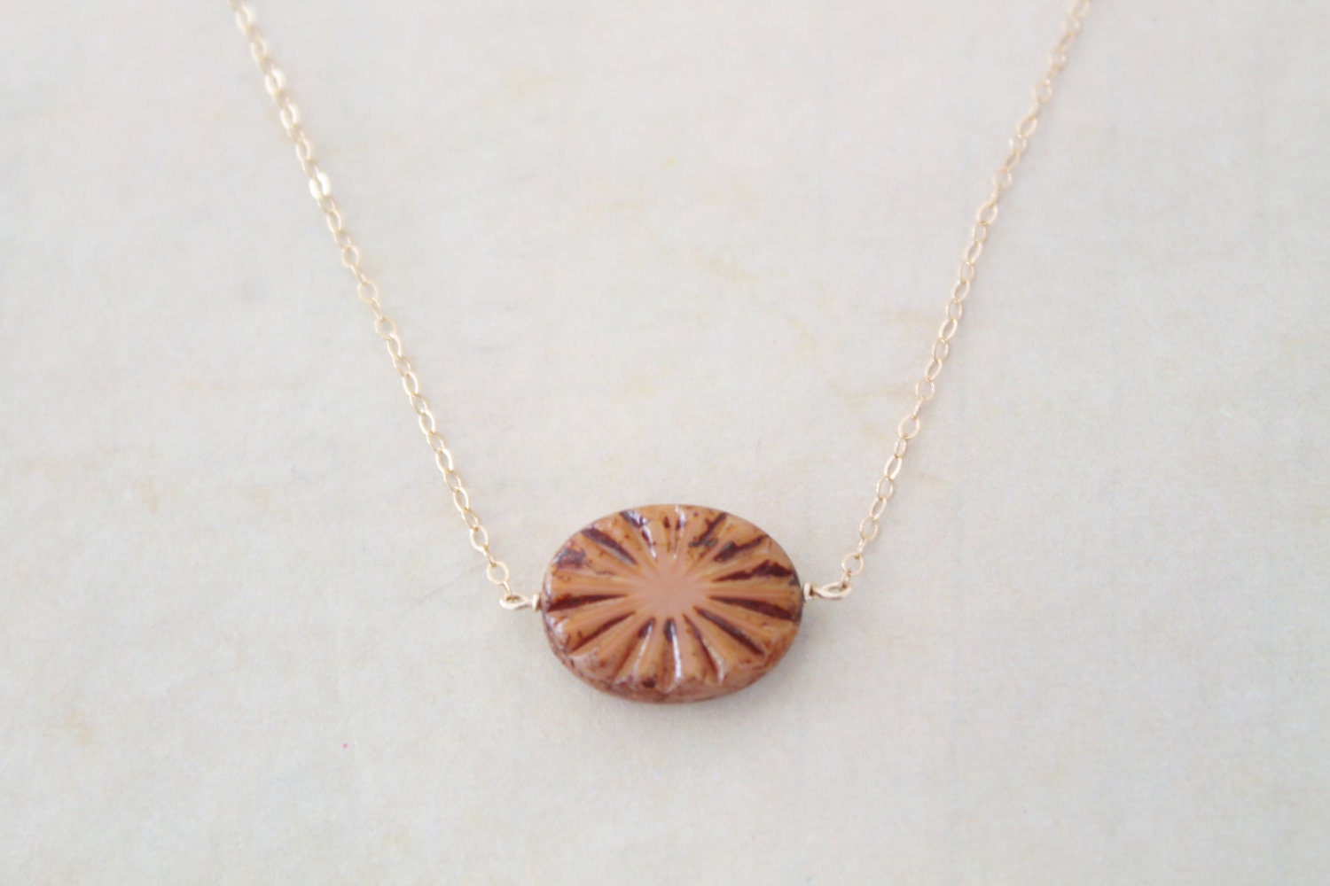 Salmon czech pendant - delicate gold filled chain - geometric scalloped necklace - modern everyday jewelry by fildee