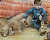 Boy dog Children childhood Art Print  boys room painting reproduction