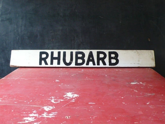 Vintage Wood Road side produce sign. Rhubarb