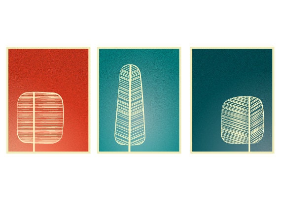Mid Century Trees Artwork Set of 3 11x14 Art Print - modern wall art decor forest branches nature