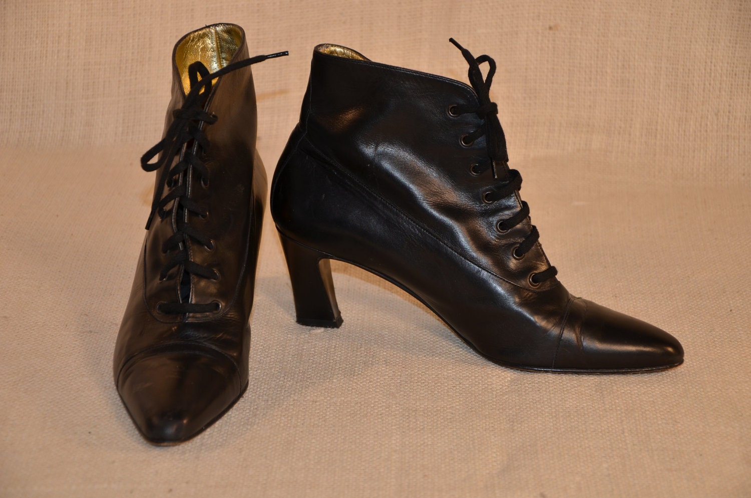 Vintage 80s Escada Black Leather Lace Up Goth Victorian Style Bootie 7 1/2B