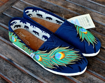 Navy Gold Peacock Feather TOMS shoes