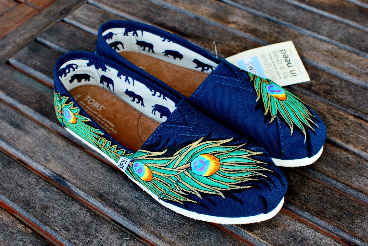 Navy Gold Peacock Feather TOMS shoes