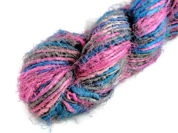 Recycled Pure Silk Yarn Blue Pink Grey