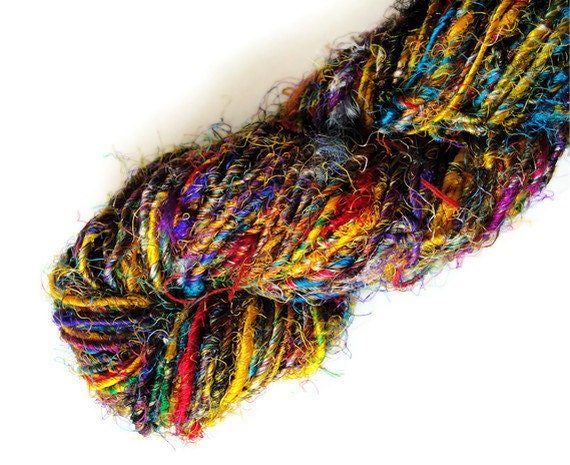 Recycled Sari Silk Yarn Multicolored Yellow Streaks