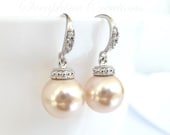 Peach pearl earrings / Bridal Bridesmaid pearl earrings - Swarovski peach pearls, cubic zirconia detailed earwires FREE SHIPPING