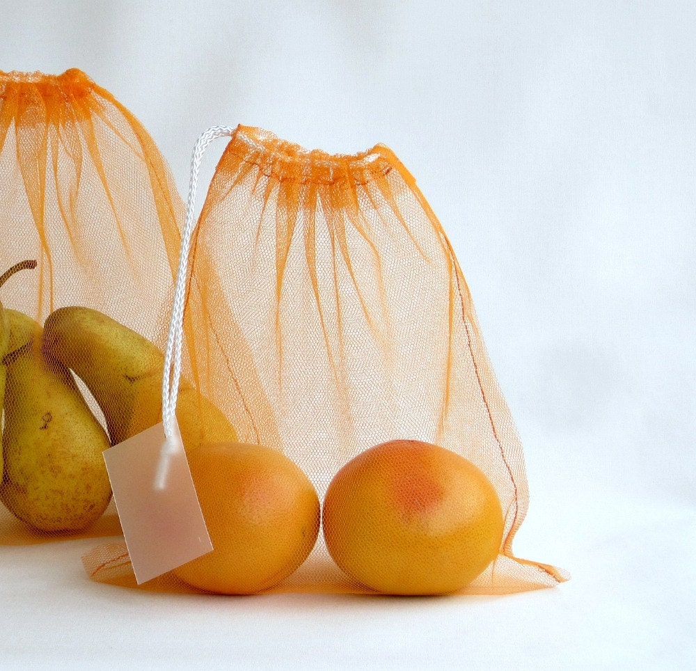 MARKET / PRODUCE BAG in orange tulle, with label - set of 2