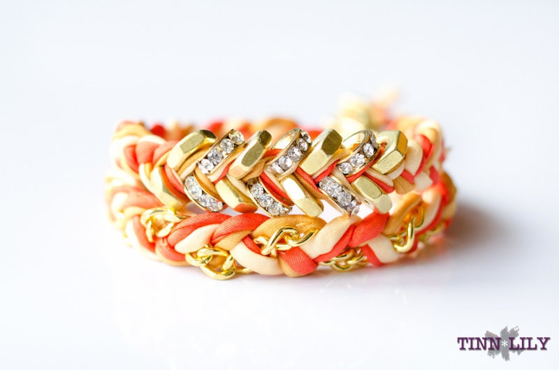 TINNLILY Silk Sparkling Grapefruit Chain and Hex Nut Double Wrap Bracelet with Swarovski Crystals
