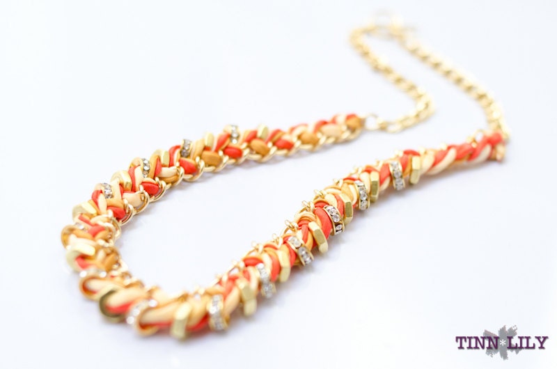 TINNLILY Sparkling Grapefruit Silk Hex Nut and Chain Woven Necklace with Swarovski Crystals