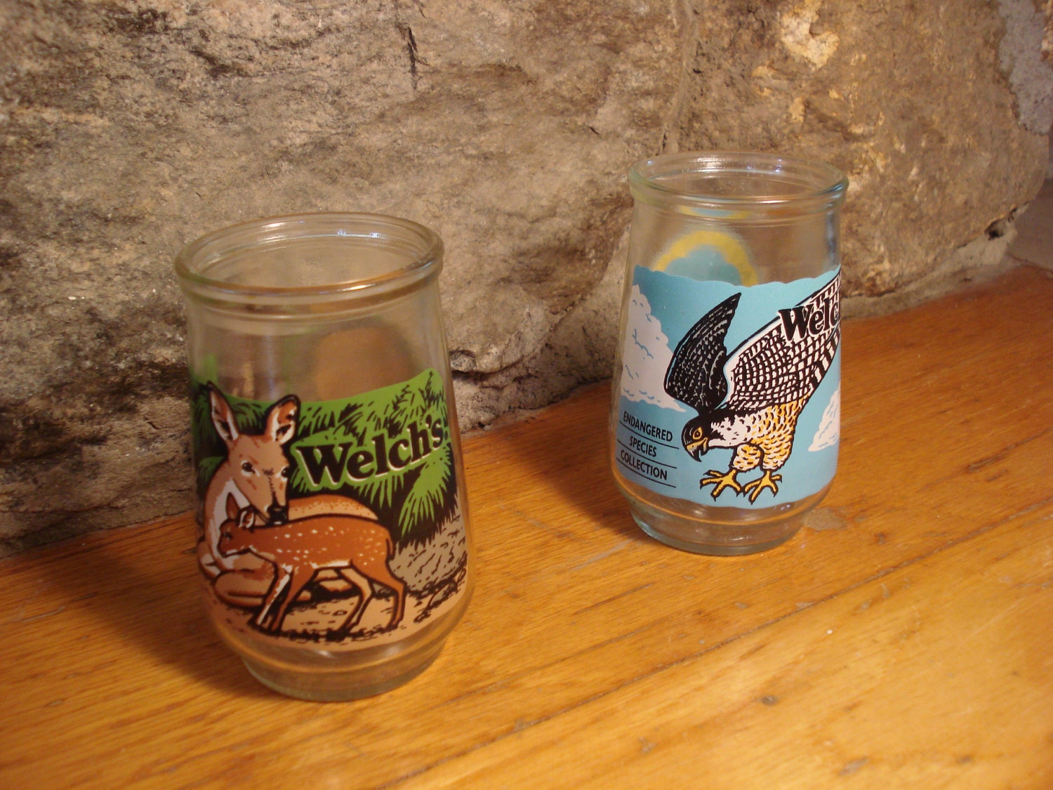 Vintage Set of Two Welch's Endangered Species Glasses: The Key Deer and Peregrine Falcon