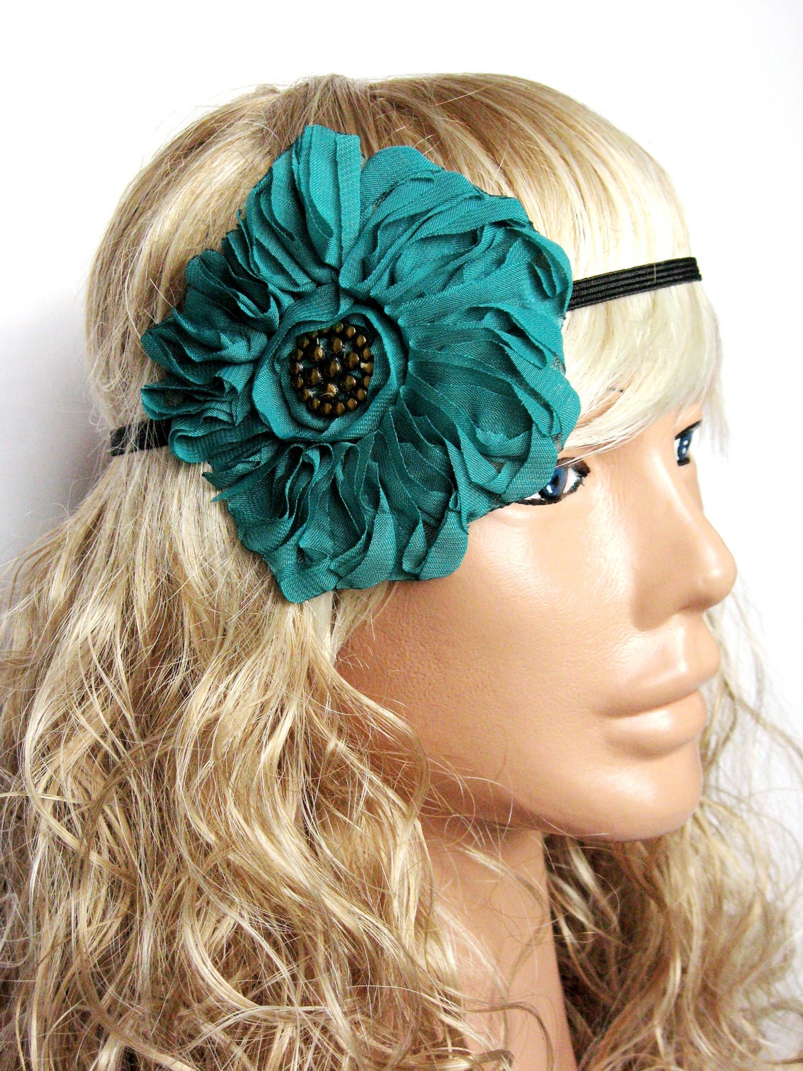 Womens Rose Headband, emerald green headband,  Adult headband. bandana, headwrap, hairband