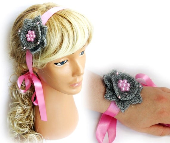 Gray, pink, crochet headband, with pink pearls and bow. multi purpose headband, neck band and cuff bracelet at the same time.