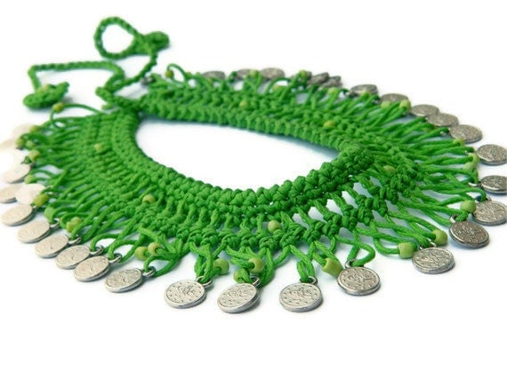 Handmade Green Bib necklace, Details of the Ottoman monogram metal circles, Turkish Mekik Oya Necklace, Summer Fashion Hand made Necklace...