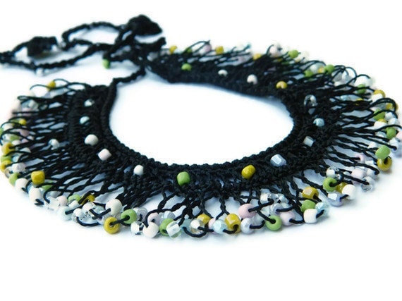 Handmade Black, Multicolor Bib Necklace, Beaded, Turkish Mekik Oya Necklace, Summer Fashion Hand made Necklace...