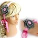 Gray, pink, crochet headband, with pink pearls and bow. multi purpose headband, neck band and cuff bracelet at the same time.